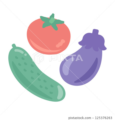 夏季蔬菜（黃瓜、番茄、茄子）插圖 125376263