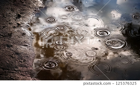水坑和雨滴的漣漪/紋理背景給人一種寧靜和時間流動的感覺 125376325