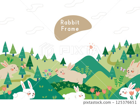 兔子框架有很多天然的花朵和綠色植物，兔子四處跑來跑去 125376651