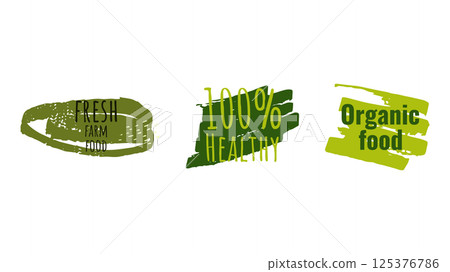 Healthy food labels badges logos Eco stickers. For farmer market eco food vegetarian menu food package. Ecology friendly design. Organic Food, Vegan, Farm Fresh, Natural Product. Vector illustration. 125376786