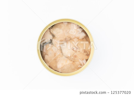 Canned boiled mackerel on white background (canned mackerel) 125377020