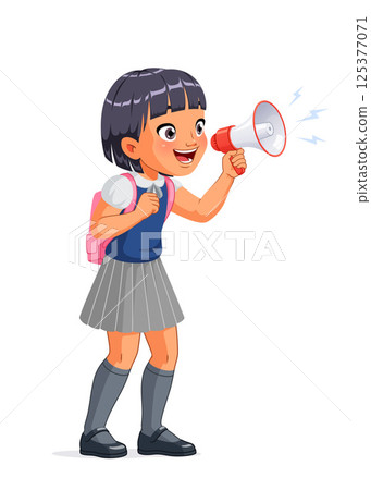 Cute little Asian school girl with a loudspeaker screaming excitedly. Cartoon vector illustration. Cute little Asian school girl with a loudspeaker screaming excitedly. Cartoon vector illustration. 125377071