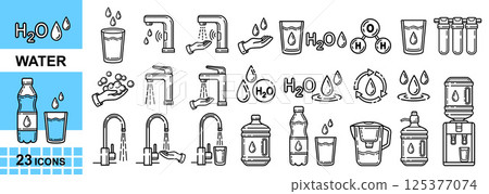 Water H2O drink, aqua drinking filter, faucet plumbing, cooler dispenser, beverage bottle and glass line icon. Liquid clean filtration, heating or cooling. Wash hand skin. Rain drop, humidity. Vector Water H2O drink, aqua drinking filter, faucet plumbing, cooler dispenser, beverage bottle and glass line icon. Liquid clean filtration, heating or cooling. Wash hand skin. Rain drop, humidity. Vector 125377074
