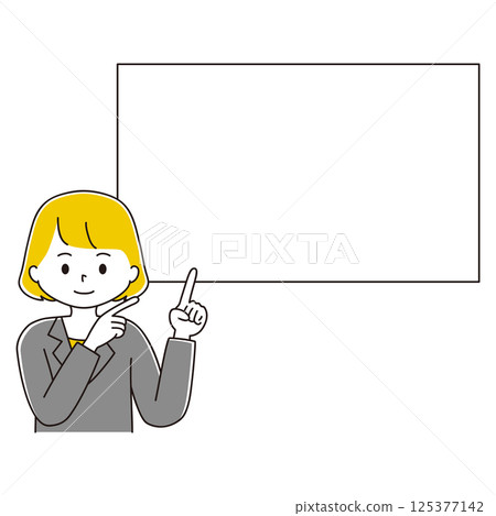 Illustration of a woman in a suit pointing at a square blank space, smiling, top right Illustration of a woman in a suit pointing at a square blank space, smiling, top right 125377142
