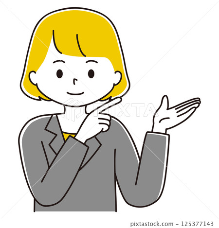 圖:右上方一位身穿西裝的女士正指著東西、面帶微笑 圖:右上方一位身穿西裝的女士正指著東西、面帶微笑 125377143