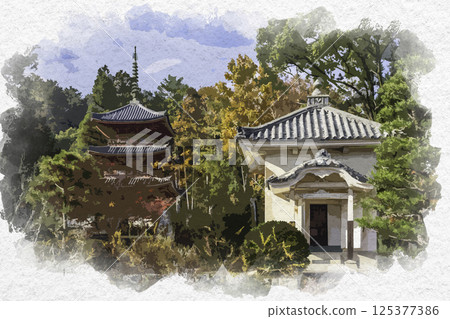 岡山縣總社市井山法福寺藏經閣和三重塔的水彩畫 125377386