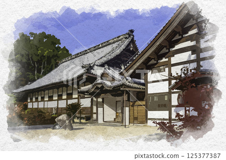 岡山縣總社市九里和北條井山保福寺的水彩畫 125377387