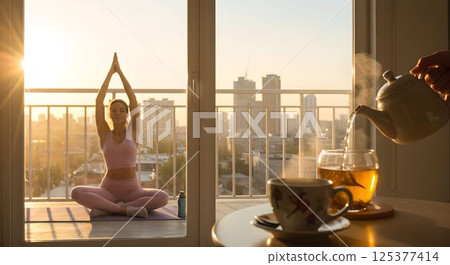 A quiet moment of yoga and tea to clear your mind while basking in the morning sun 1 AI-generated image 125377414