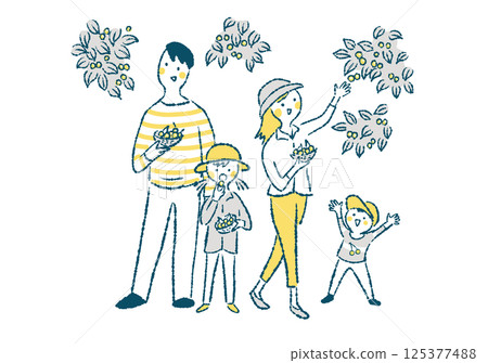 一幅簡單的手繪插圖，描繪了一家四口微笑著採摘櫻桃 125377488