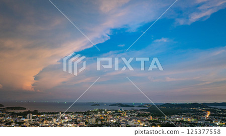 Aerial view of scenery Sunset Over Mountain Town Aerial view of scenery Sunset Over Mountain Town 125377558