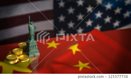 The Statue of Liberty on China and America flag Background 3d Rendering. 125377738