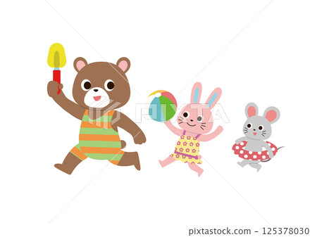 海裡嬉戲：可愛的動物們穿著泳衣玩耍 125378030