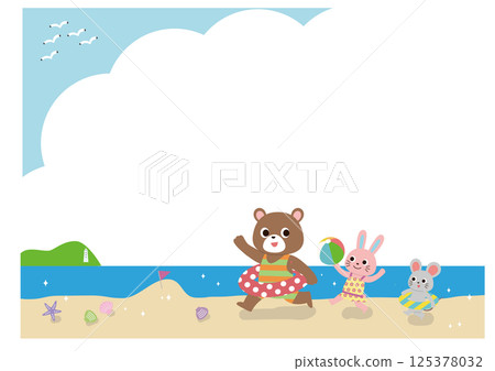 Frame of cute animals frolicking on the blue sea and the beach Frame of cute animals frolicking on the blue sea and the beach 125378032
