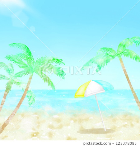 仲夏海景，棕櫚樹環繞的海灘上撐起了遮陽傘。一幅有趣的夏日陽光插畫。 125378083