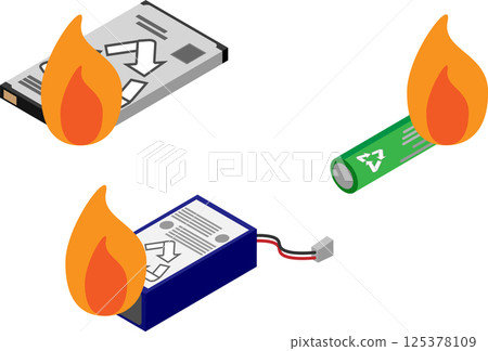 Illustration set of an image of an isometric battery catching fire 125378109