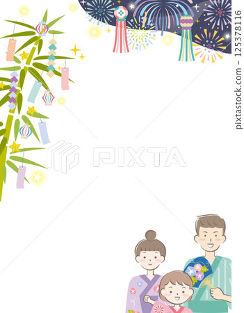 Background image of a family in yukata and Tanabata fireworks vertical 125378116