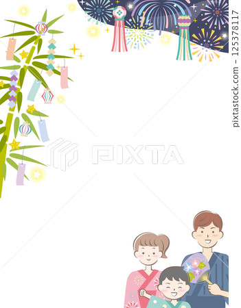 Background image of a family in yukata and Tanabata fireworks vertical 125378117