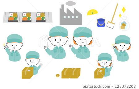 Various icons of workers and factories Various icons of workers and factories 125378208