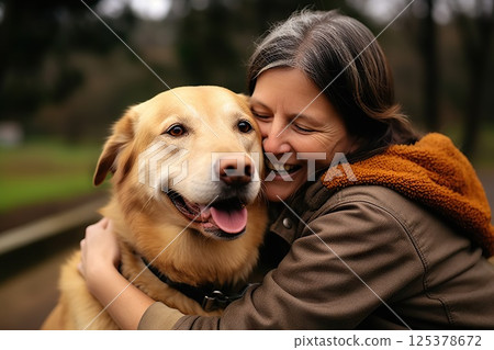 Soulful Embrace Affectionate Mature Woman and Joyful Labrador Share Heartfelt Connection, Reflecting Strong Bond and Timeless Companionship in Outdoor Serenity.. created with Generative AI 125378672