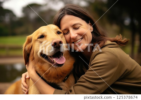 Soulful Embrace Affectionate Mature Woman and Joyful Labrador Share Heartfelt Connection, Reflecting Strong Bond and Timeless Companionship in Outdoor Serenity.. created with Generative AI 125378674