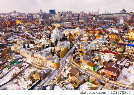 Aerial view of Voronezh historic district with Alekseev-Akatov Monastery 125378805