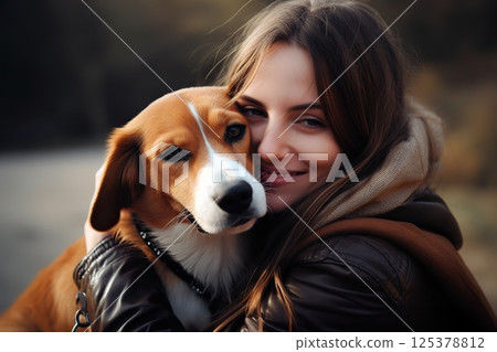 Heartfelt Harmony Woman and Dog Share Tender Embrace in Autumnal Embrace, Illustrating Deep Bond and Warmth of Seasonal Connection. created with Generative AI 125378812