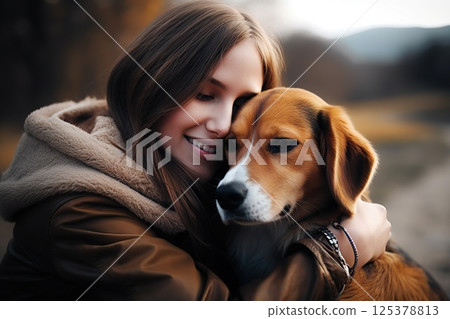 Heartfelt Harmony Woman and Dog Share Tender Embrace in Autumnal Embrace, Illustrating Deep Bond and Warmth of Seasonal Connection. created with Generative AI 125378813