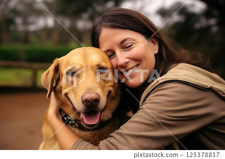 Soulful Embrace Affectionate Mature Woman and Joyful Labrador Share Heartfelt Connection, Reflecting Strong Bond and Timeless Companionship in Outdoor Serenity.. created with Generative AI 125378817
