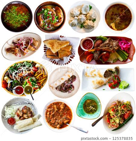 Traditional Georgian dishes over white backgorund Traditional Georgian dishes over white backgorund 125378835