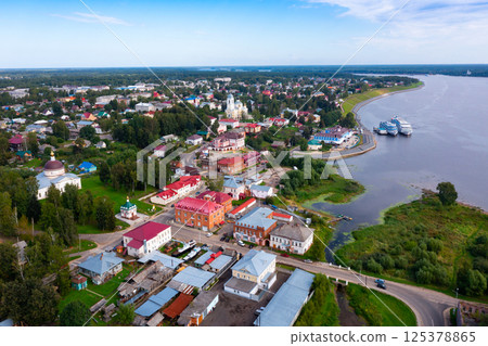 Aerial view of the city of Myshkin and Volga river. Russia 125378865