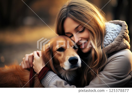 Heartfelt Harmony Woman and Dog Share Tender Embrace in Autumnal Embrace, Illustrating Deep Bond and Warmth of Seasonal Connection. created with Generative AI 125378877
