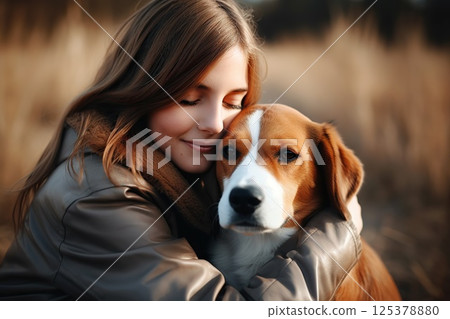 Heartfelt Harmony Woman and Dog Share Tender Embrace in Autumnal Embrace, Illustrating Deep Bond and Warmth of Seasonal Connection. created with Generative AI 125378880