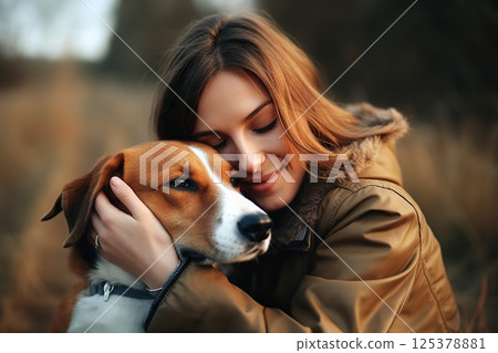 Heartfelt Harmony Woman and Dog Share Tender Embrace in Autumnal Embrace, Illustrating Deep Bond and Warmth of Seasonal Connection. created with Generative AI 125378881