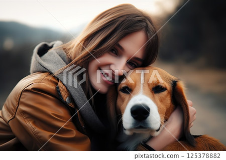 Heartfelt Harmony Woman and Dog Share Tender Embrace in Autumnal Embrace, Illustrating Deep Bond and Warmth of Seasonal Connection. created with Generative AI 125378882