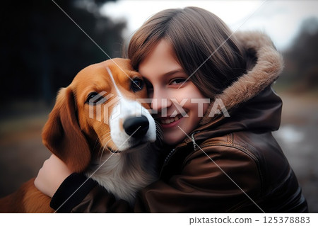 Heartfelt Harmony Woman and Dog Share Tender Embrace in Autumnal Embrace, Illustrating Deep Bond and Warmth of Seasonal Connection. created with Generative AI 125378883