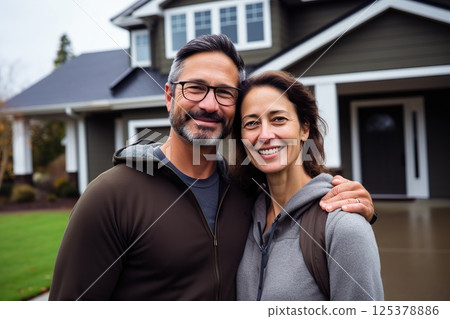 Homecoming Joy Happy Couple Embracing in Front of New Suburban Haven, Radiating Achievement, Smiles, and Heartfelt Contentment. created with Generative AI 125378886