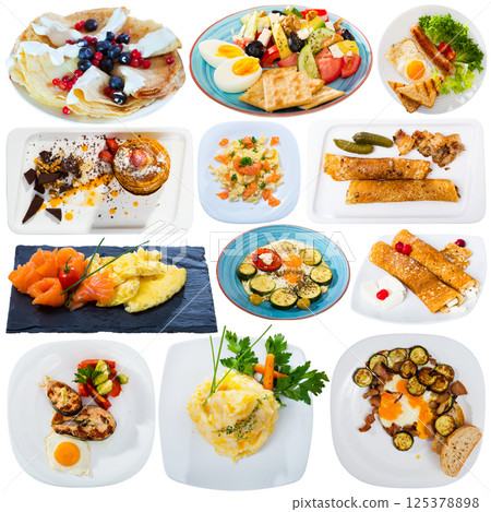 View of many plates with different food over white background 125378898