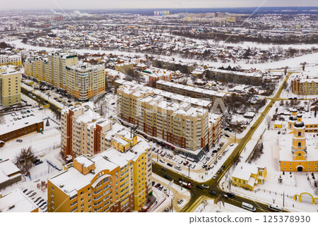 Aerial view of the Intercession Bishop Cathedral and residental quarters in Penza. Aerial view of the Intercession Bishop Cathedral and residental quarters in Penza. 125378930