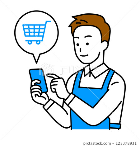 A man wearing an apron shopping online with a smartphone A man wearing an apron shopping online with a smartphone 125378931