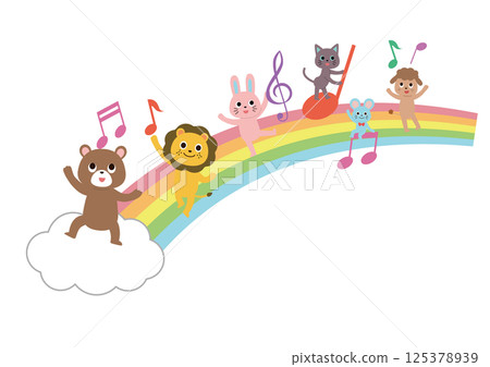 可愛的動物在彩虹上玩音符 125378939