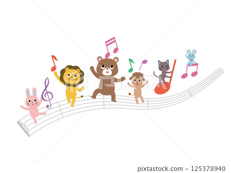 可愛的動物在五線譜上玩音符 125378940