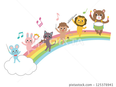 動物們在彩虹上遊行，演奏樂器 125378941