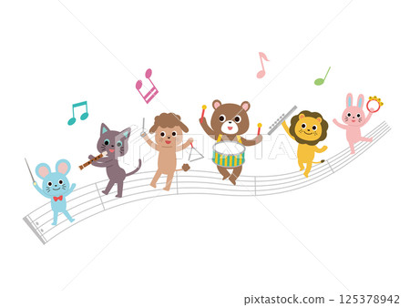 動物們一邊遊行，一邊演奏五線譜上的樂器 125378942