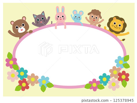 Cute animals and flowers frame, oval horizontal Cute animals and flowers frame, oval horizontal 125378945