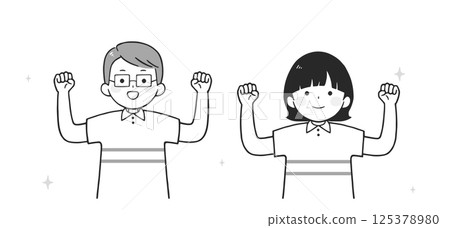 一名年輕男子和一名女子握拳姿勢的單色插圖(上半身) 一名年輕男子和一名女子握拳姿勢的單色插圖(上半身) 125378980
