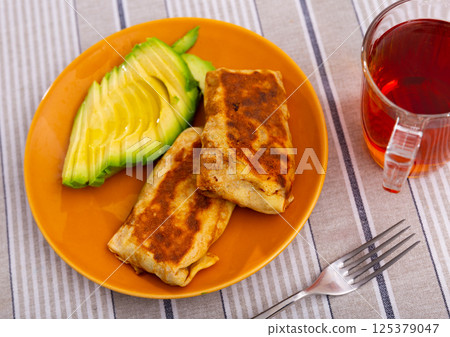 Pancakes stuffed with liver and egg with avocado 125379047