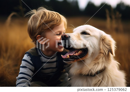 Boundless Bliss Joyful Boy Shares Laughter with Golden Retriever in Outdoor Harmony, Illustrating Heartwarming Friendship and Happiness. created with Generative AI Boundless Bliss Joyful Boy Shares Laughter with Golden Retriever in Outdoor Harmony, Illustrating Heartwarming Friendship and Happiness. created with Generative AI 125379062
