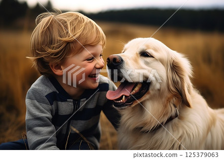 Boundless Bliss Joyful Boy Shares Laughter with Golden Retriever in Outdoor Harmony, Illustrating Heartwarming Friendship and Happiness. created with Generative AI Boundless Bliss Joyful Boy Shares Laughter with Golden Retriever in Outdoor Harmony, Illustrating Heartwarming Friendship and Happiness. created with Generative AI 125379063