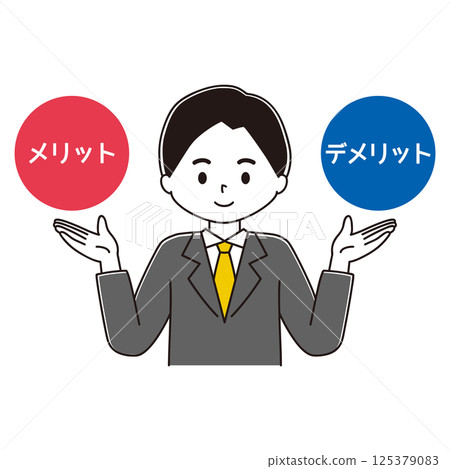 一位西裝革履的男士正在比較兩件事：優點和缺點，面帶微笑 125379083