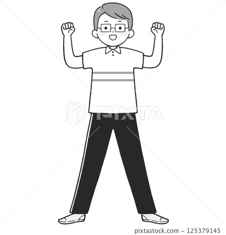 Monochrome illustration of a young man wearing glasses posing with a fist 125379145